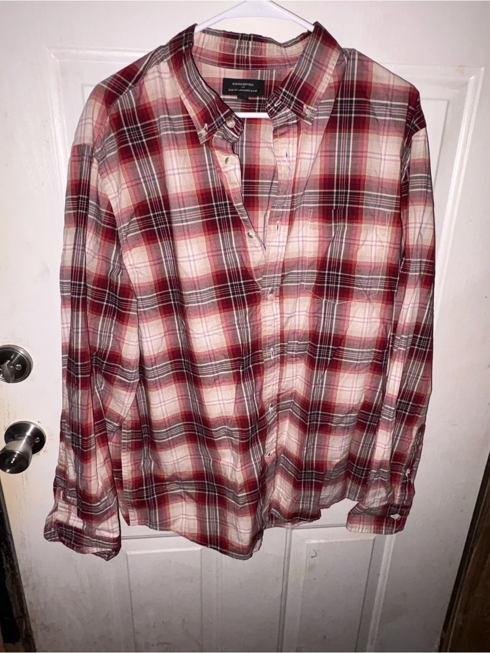 Banana Republic Red and Gray Plaid Slim Fit Button-Down Shirt